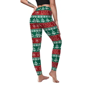 Christmas themed slim yoga leggings with festive red green snowflake and tree patterns