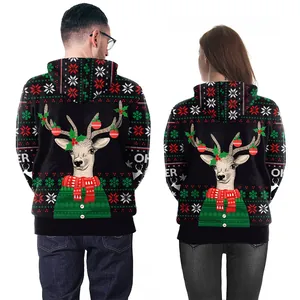 Loose black hoodie with Christmas reindeer print for couples in a back view display