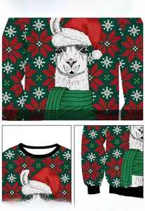 Detail showing the comfortable round neck and elastic hem of this Christmas llama sweatshirt