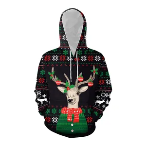 Black oversized hoodie featuring a realistic reindeer print and Christmas pattern