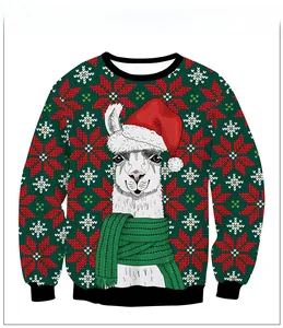 Detail of Christmas reindeer print sweatshirt with green knit patterns and festive alpaca