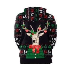 Oversized black Christmas hoodie with reindeer print and festive snowflake patterns