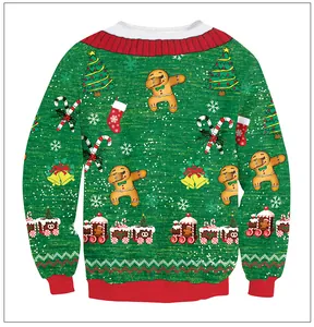Detail eines grünen Weihnachts-Sweatshirts mit tanzendem Lebkuchenmann und Festtagsmotiven