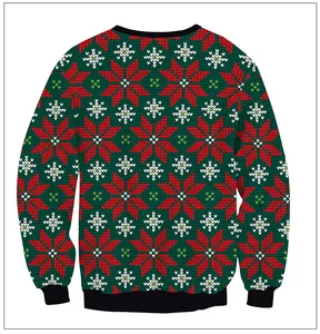 Detail of green Christmas sweater featuring red and white reindeer and snowflake patterns