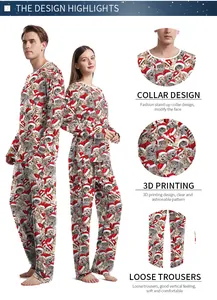 Detail view of Christmas couple pajamas featuring festive cat prints and 3D printing quality