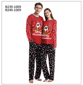 Detail of red Christmas pajama set featuring cartoon pug print and snowflake pants