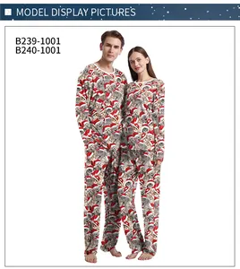 Matching Christmas pajamas with festive cat print and white contrast crew neck detail