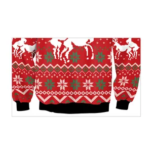 Pull de Noël moche en tricot rouge festif avec motifs de rennes blancs humoristiques