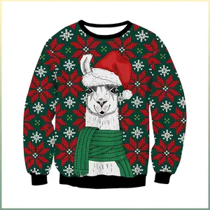 Women Casual Christmas Alpaca Print Crew Neck Long Sleeve Sweatshirt Festive Snowflake Pattern Polyester Spandex Blend Top
