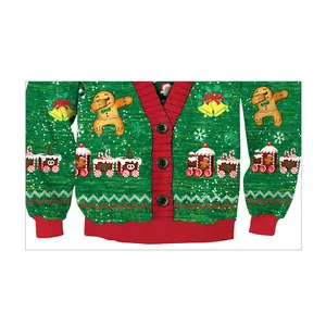 Damen-Strickjacke mit Lebkuchenmann- und Weihnachtszug-Print in festlichem Grün
