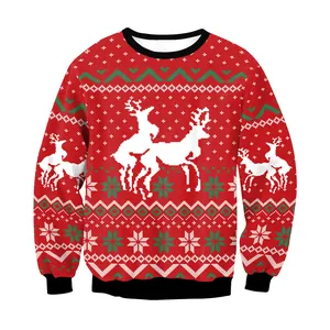 Sweat de Noël rouge avec imprimé renne blanc et motifs géométriques pour les couples
