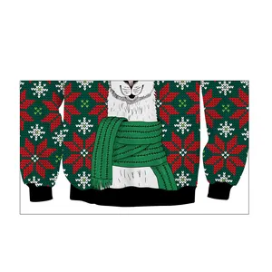 Christmas sweatshirt featuring a festive white llama pattern with red and green snowflakes