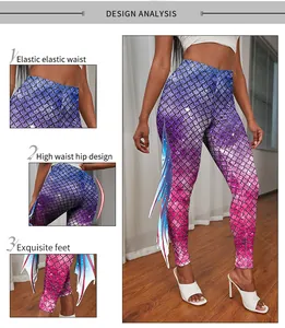 Détails du legging sirène avec imprimé écailles colorées et nageoires latérales décoratives