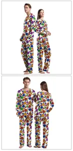 Detailed view of long-sleeve Christmas pajamas with colorful ornament prints and elastic fabric