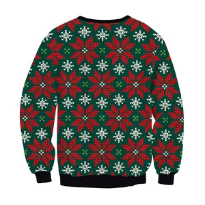Christmas reindeer knit sweater with crew neck and festive patterns on dark green base
