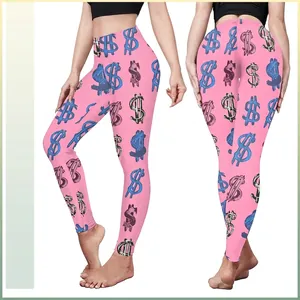Pantalon de Yoga Taille Haute Rose pour Femmes Imprimé Signe Dollar Leggings de Sport Haute Élasticité Fitness Bas
