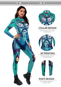 Détails de l'imprimé zombie 3D sur ce body bleu moulant à col montant pour femmes