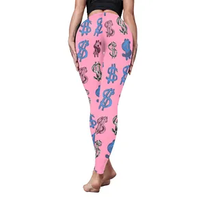Legging de yoga rose avec imprimé dollar multicolore vu de dos pour femmes