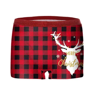 Women's Christmas buffalo plaid boxer briefs with reindeer print and Merry Christmas text
