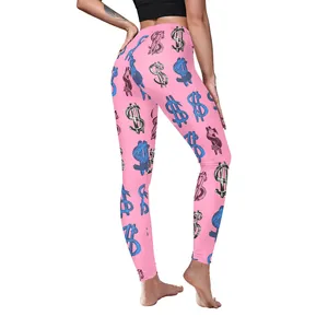 Pantalon de yoga rose taille haute avec motif graffiti de signes dollar bleus et noirs
