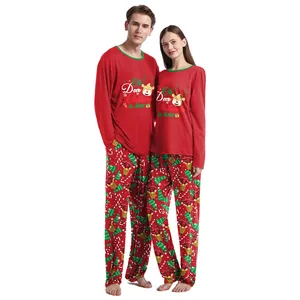 Christmas pajamas set with red long sleeve top and deer print pants for couples