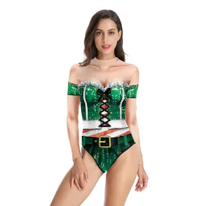 Women Christmas long sleeve bodysuit with 3D green glitter print and candy cane stripes