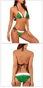 Detail eines grünen Pailletten-Bikinis mit Vorder- und Rückansicht und Schnürung