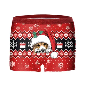 Christmas themed women's boxer briefs with festive dog prints and red glitter waistband