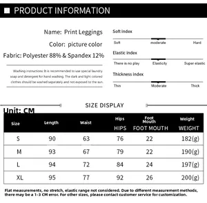 Size chart for women's digital print leggings showing lengths in CM and fabric specifications