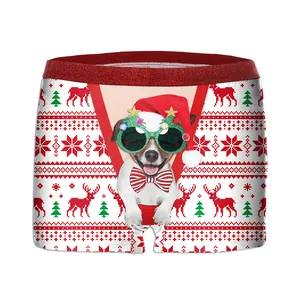 Men's Christmas reindeer and dog print boxer briefs with shiny red waistband and snowflake pattern