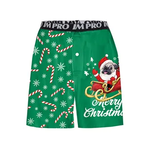 Bóxer de hombre verde con pug navideño, bastones de caramelo y texto de Feliz Navidad