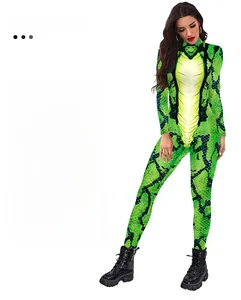 Detailed view of the vibrant green snake scale pattern on a slim fit long sleeve jumpsuit