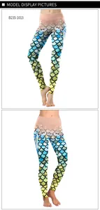 Detail view of high-waisted yoga leggings featuring mermaid fish scale print and sea patterns