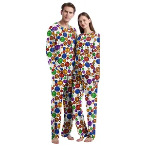 Christmas pajamas set with colorful holiday ornaments print on long sleeve top and pants