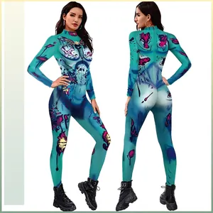 Combinaison Halloween Zombie pour Femme Impression 3D Coupe Slim Manches Longues Col Montant Bodycon Unitard Costume Cosplay
