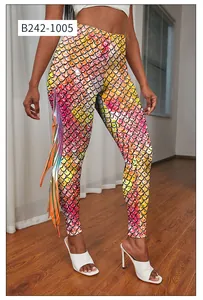 Détail du legging sirène coloré avec imprimé écailles de poisson et design de nageoire 3D