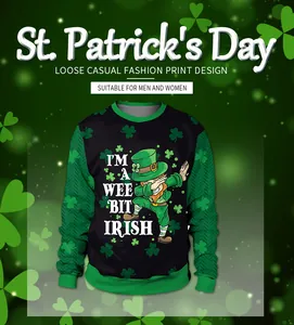 Detail of St. Patrick's Day sweatshirt featuring dabbing leprechaun and green clover sleeves