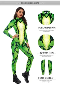 Detail view of 3D digital green snake print jumpsuit showing collar and fabric texture