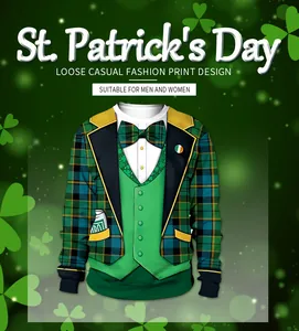 Detail of St. Patrick's Day sweatshirt featuring creative tuxedo print and ribbed cuffs