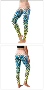 Detail of high-waist yoga leggings with blue and green gradient mermaid scale print