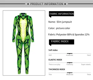 Detail view of green snakeskin jumpsuit material with 88% polyester and 12% spandex fabric