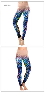 Close-up detail of mermaid scale pattern yoga leggings with white star print and high waist