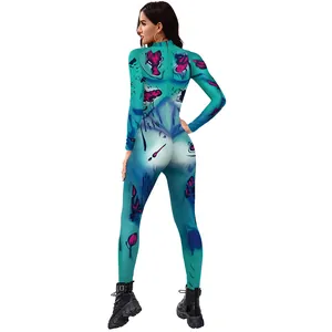 Combinaison moulante imprimée 3D horreur pour femme avec motifs fantômes roses