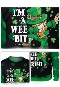 Detail of St. Patrick's Day hoodie featuring Leprechaun print and ribbed crewneck