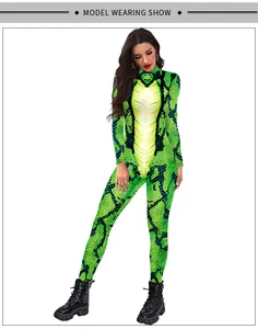 Close-up of women's long sleeve green snake skin print bodysuit for cosplay