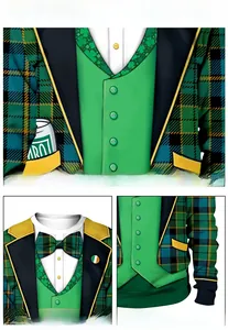 Detailed views of St. Patrick's Day sweatshirt featuring clover patterns and plaid vest print