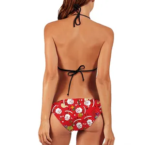 Rückansicht eines Weihnachts-Bikini-Sets mit rotem Weihnachtsmann-Print und schwarzen Bändern