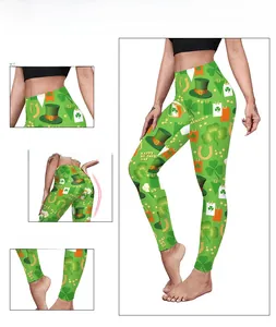Détails du legging de la Saint-Patrick montrant la taille haute et les trèfles