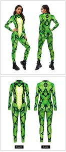 Front and back detail of women's green snakeskin bodysuit with high neck and long sleeves