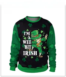 Detail of St. Patrick's Day sweatshirt featuring a dabbing leprechaun and festive text